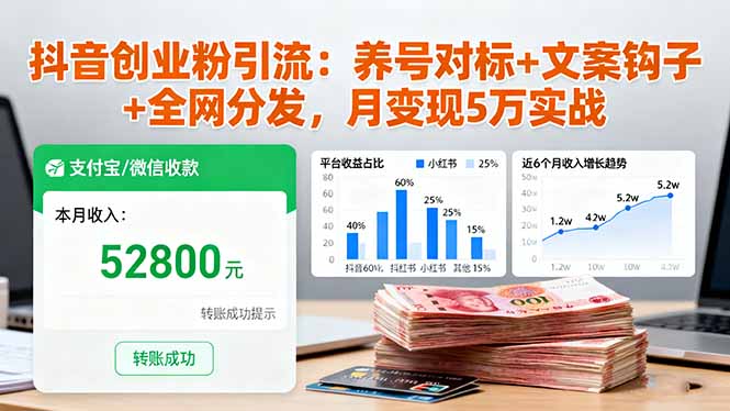 抖音创业粉引流：养号对标+文案钩子+全网分发，月变现5万实战-浩旭的资源站